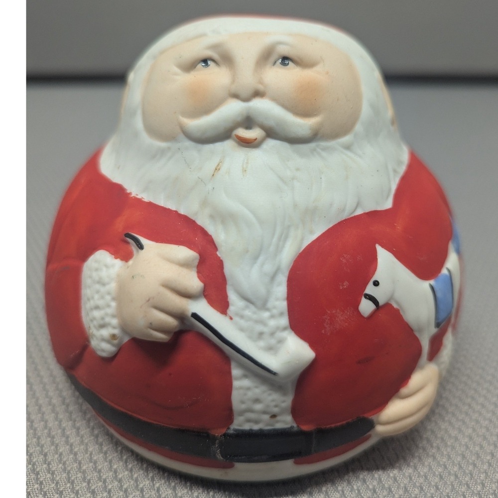 Vintage Ceramic Santa Claus Coin Bank Round Roly Poly Christmas Decor Red White